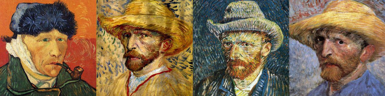 A row of four self-portraits by Vincent van Gogh.